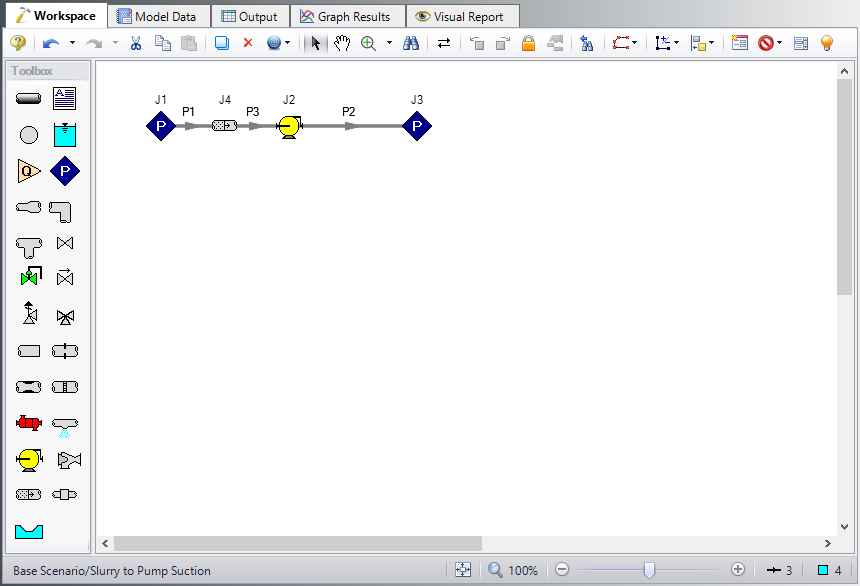 Workspace for partial slurry case with slurry at the pump suction showing the Volume Balance junction for the Slurries with Variable Fluid Properties example.